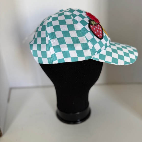 Women’s Checkered Cap with Emoji and Fruit Patches Adjustable Back Band - Picture 3 of 7